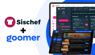 Logotipo conjunto da Sischef e Goomer, focado em soluções de software para o setor de restaurantes.