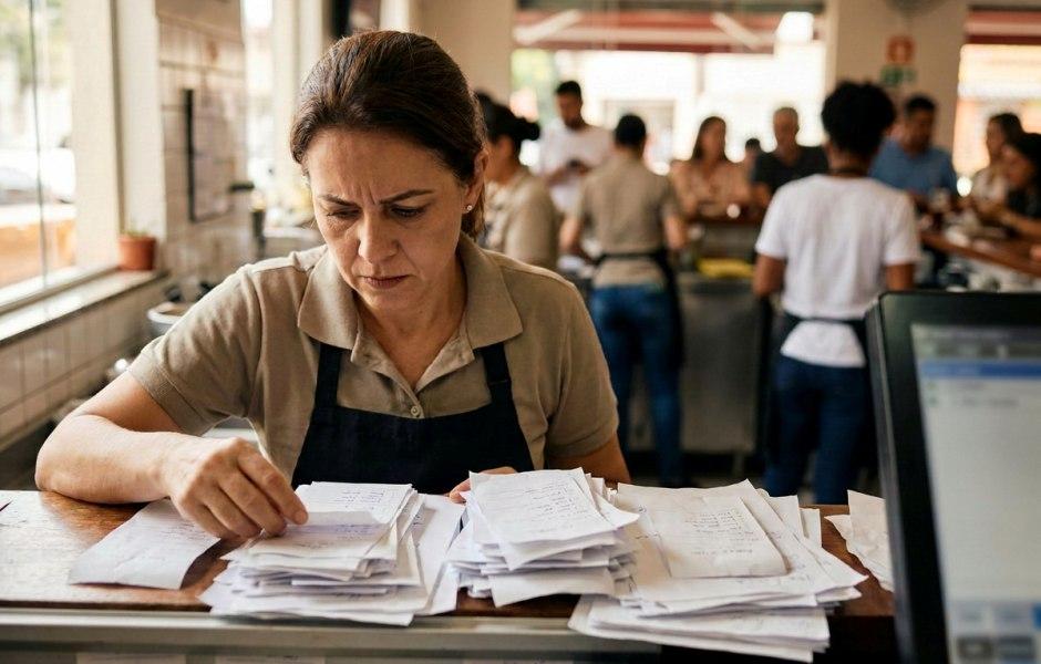 Mulher de avental e camisa polo bege analisa preocupada diversas pilhas de comendas e recibos no balcão de um restaurante ou café. Ao fundo, em um ambiente bem iluminado, funcionários e clientes movimentam o estabelecimento.