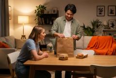 Um casal em uma sala de estar aconchegante desembala um pedido de delivery de uma sacola de papel kraft sobre a mesa de madeira, revelando hambúrgueres prontos para consumo.