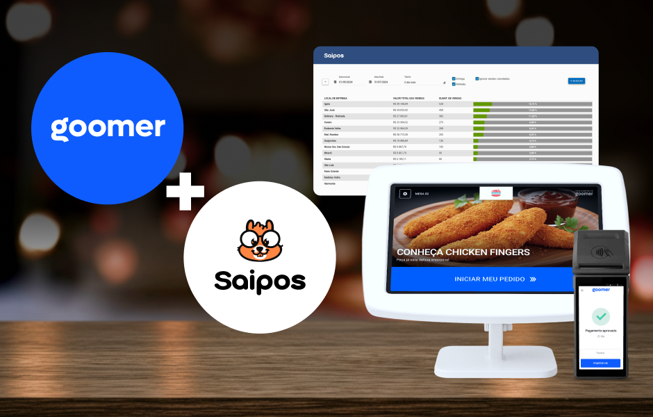 Imagem mostrando a parceria entre Goomer e Saipos, plataformas digitais para gestão de pedidos e atendimento em restaurantes, com dispositivos eletrônicos em destaque.