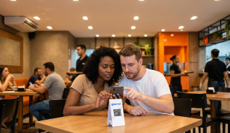 Um casal sentado à mesa de um restaurante moderno olha atento para a tela de um smartphone. Sobre a mesa de madeira, há um display vertical branco com a marca 