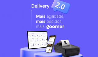 Imagem destacando a solução de entrega Goomer 2.0, com um tablet, smartphone e impressora, demonstrando a modernização dos serviços de delivery.