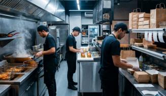 Cozinha profissional moderna de uma hamburgueria com funcionários de uniforme preto preparando hambúrgueres e embalando pedidos para delivery.