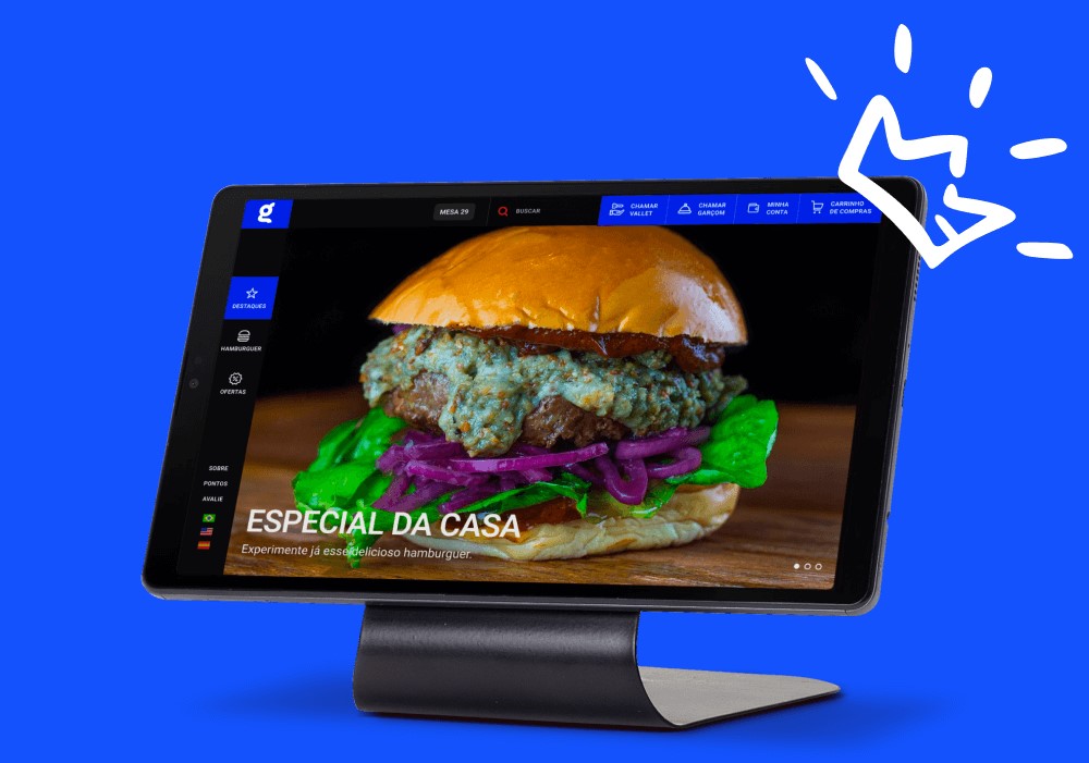 Tablet com suporte, em seu display Cardápio Digital Goomer