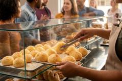 Atendente usando avental serve pães de queijo fresquinhos com uma pinça, organizando-os em uma bandeja atrás do balcão de vidro. Do outro lado da vitrine, vários clientes aguardam em fila no ambiente movimentado de uma padaria ou lanchonete.