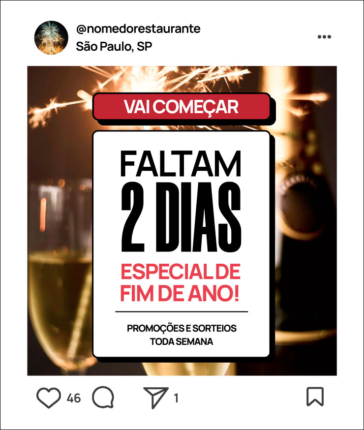 Postagem de rede social anunciando contagem regressiva de dois dias para o início de uma promoção especial de fim de ano, com fundo de taças e luzes de celebração.