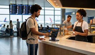 Cliente com mochila e mala de rodinhas usa um tablet de autoatendimento no balcão de uma lanchonete de aeroporto. Uma atendente de avental escuro segura uma embalagem de comida ao lado dele, enquanto aviões e painéis de voo aparecem ao fundo através das janelas.