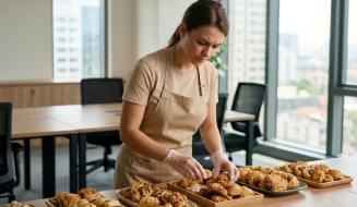 Mulher de avental e luvas organiza cuidadosamente folhados e salgados em travessas sobre uma mesa. Ela demonstra concentração ao alinhar a comida para a preparação de um serviço de catering ou buffet. Ao fundo, avista-se a sala de reuniões de um escritório iluminado com grandes janelas de vidro.