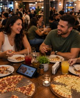 Grupo de amigos em pizzaria compartilhando os sabores de pizza mais pedidos e bebidas, com tablet de cardápio digital na mesa.