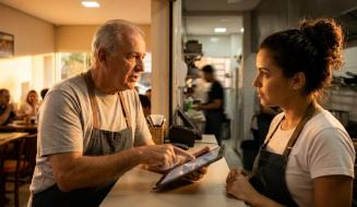 Homem sênior de avental aponta para a tela de um tablet enquanto orienta uma jovem funcionária negra de cabelos cacheados presos em um coque. Ambos estão no balcão de atendimento que divide o salão do restaurante da área da cozinha.