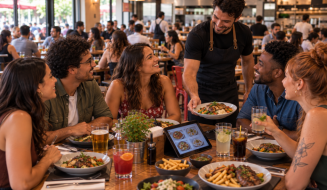 Atendente de avental serve prato para grupo de cinco pessoas sorridentes em mesa fartamente servida de restaurante movimentado. Sobre a madeira, veem-se pratos, porções, bebidas, tablet com cardápio e vasos decorativos.