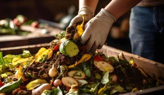 Mãos usando luvas brancas misturam restos de alimentos orgânicos, como cascas de vegetais, folhas e terra, dentro de uma caixa de compostagem de madeira.