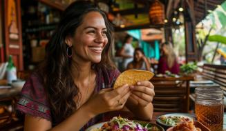 Mulher sorridente segurando um taco em restaurante mexicano casual, com mesa farta de pratos coloridos, salsa e bebida gelada, em ambiente tropical e animado ao fundo.