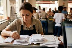 Mulher de avental e camisa polo bege analisa preocupada diversas pilhas de comendas e recibos no balcão de um restaurante ou café. Ao fundo, em um ambiente bem iluminado, funcionários e clientes movimentam o estabelecimento.