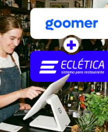 Goromer e Ecletica sistema para restaurante sendo utilizados por uma jovem garçonete em um bar movimentado, facilitando o atendimento e gerenciamento do estabelecimento.