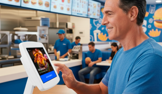 Homem fazendo pedido pelo totem digital em fast food, ambiente moderno com funcionários atendendo ao fundo.