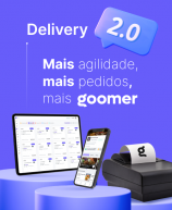 Imagem destacando a solução de entrega Goomer 2.0, com um tablet, smartphone e impressora, demonstrando a modernização dos serviços de delivery.