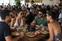 Grupo de amigos reunidos ao redor de uma mesa de madeira em um restaurante movimentado conversam e sorriem enquanto almoçam. No centro da mesa, há diversos pratos de comida, copos com bebidas e um tablet de menu digital, em uma atmosfera descontraída de verão.