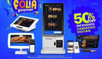 Propaganda da Goomer para o Carnaval. Texto central: 50% OFF em nossos cardápios digitais. Mostra diferentes modelos de terminais de pedidos e tablets com fotos de hambúrgueres e petiscos.