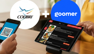 Aplicativo Goomer integrado com sistema do Colibri para pedidos de restaurante por celular, com código QR e menu digital em tela de tablet.