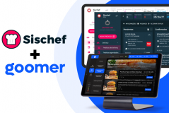 Logotipo conjunto da Sischef e Goomer, focado em soluções de software para o setor de restaurantes.