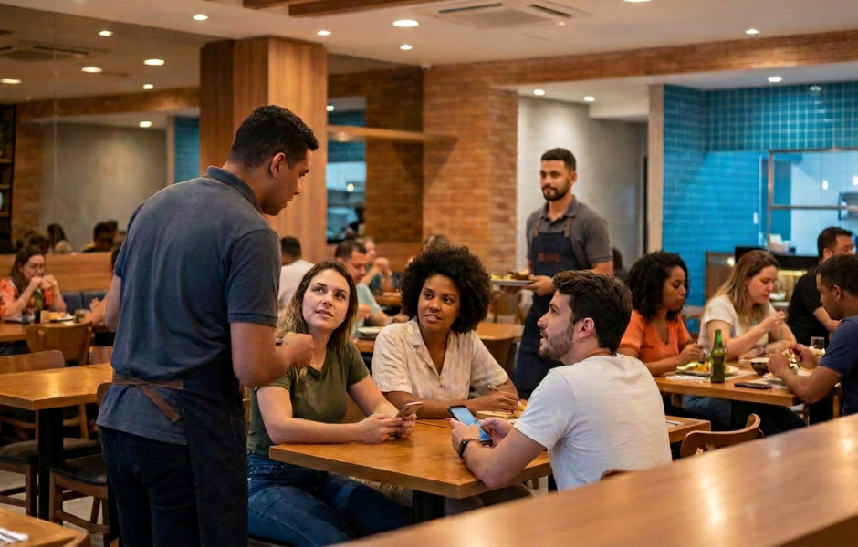 Um garçom de costas conversa com clientes sentados ao redor de uma mesa de madeira em um restaurante movimentado. As pessoas na mesa seguram smartphones e olham atentamente para o funcionário enquanto fazem o pedido. Ao fundo, o ambiente iluminado exibe outros clientes jantando e detalhes de tijolos à vista na parede.