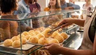 Atendente usando avental serve pães de queijo fresquinhos com uma pinça, organizando-os em uma bandeja atrás do balcão de vidro. Do outro lado da vitrine, vários clientes aguardam em fila no ambiente movimentado de uma padaria ou lanchonete.