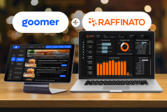 A imagem exibe uma combinação de plataformas de análise de dados e automação de marketing, com telas de computador mostrando dashboards de resultados de vendas e desempenho, representando integração entre Goomer e Raffinato para otimizar negócios de alimentação.