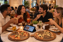 Amigos compartilham pizzas em uma pizzaria moderna enquanto consultam o cardápio digital da Goomer sistema para restaurantes.