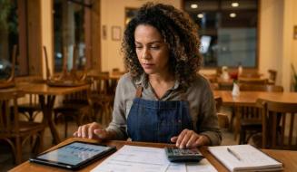 Com cabelos cacheados e usando avental de jeans, proprietária de restaurante trabalha concentrada ao balcão após o expediente. Ela utiliza uma calculadora, tablet com gráficos financeiros, papéis e bloco de anotações para organizar a gestão da empresa no salão com cadeiras viradas sobre as mesas.
