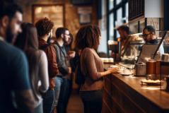 Fila de pessoas esperando atendimento no balcão de uma cafeteria com iluminação quente.