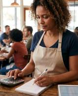 Mulher de cabelo cacheado, vestindo camiseta azul e avental bege, está concentrada trabalhando no balcão de madeira de um restaurante movimentado. Ela usa uma calculadora enquanto faz anotações em um caderno, tendo ao seu lado um tablet e uma xícara de café, enquanto diversos clientes ocupam as mesas ao fundo.