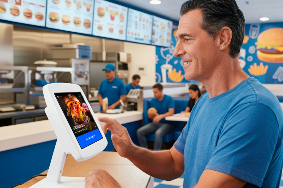 Homem fazendo pedido pelo totem digital em fast food, ambiente moderno com funcionários atendendo ao fundo.
