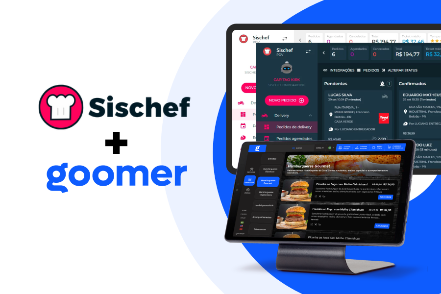 Logotipo conjunto da Sischef e Goomer, focado em soluções de software para o setor de restaurantes.