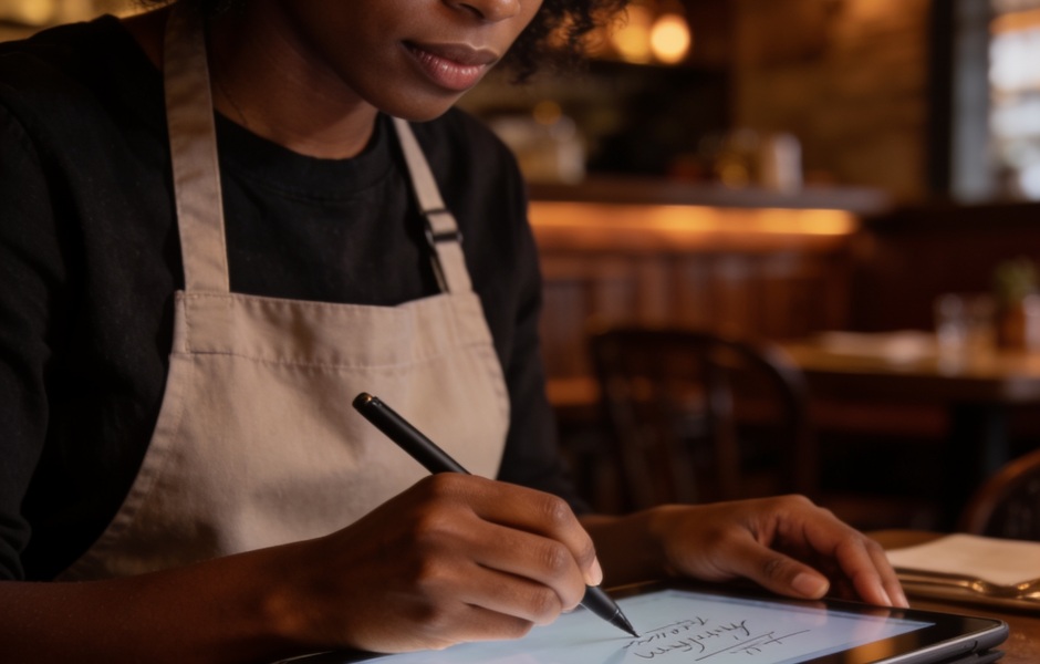 Mulher de avental escreve em tablet com caneta digital, simbolizando fazer a gestão do restaurante a distância do restaurante