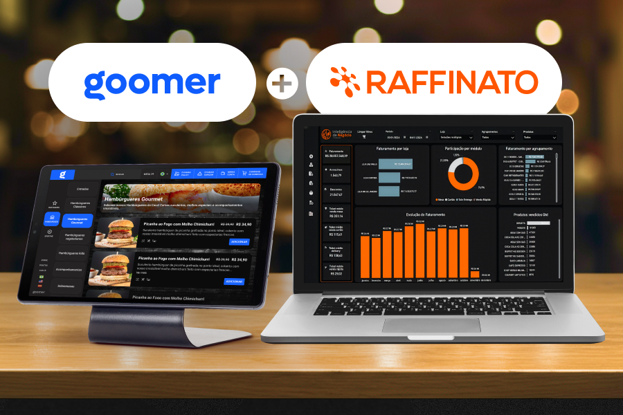 A imagem exibe uma combinação de plataformas de análise de dados e automação de marketing, com telas de computador mostrando dashboards de resultados de vendas e desempenho, representando integração entre Goomer e Raffinato para otimizar negócios de alimentação.