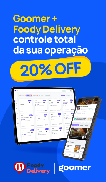 Imagem promocional do Goomer + Foody Delivery destacando a gestão de operação com desconto de 20%, incluindo tablet e smartphone exibindo o sistema de gerenciamento de delivery.