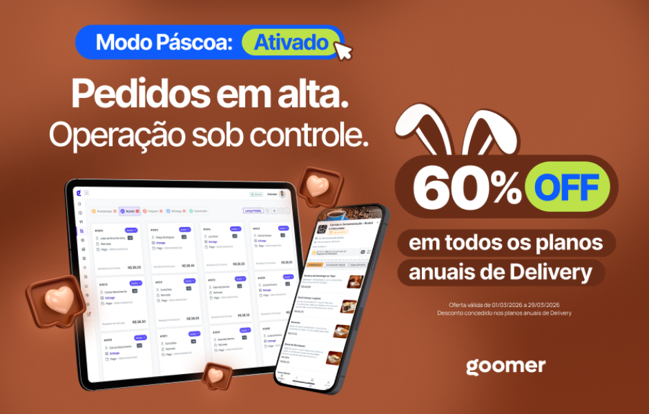 Banner promocional da Goomer com tema de Páscoa, oferecendo 60% de desconto em planos anuais de Delivery.