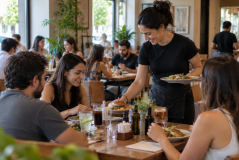 Salão movimentado de franquias de alimentação, com clientes nas mesas e equipe entregando os pedidos