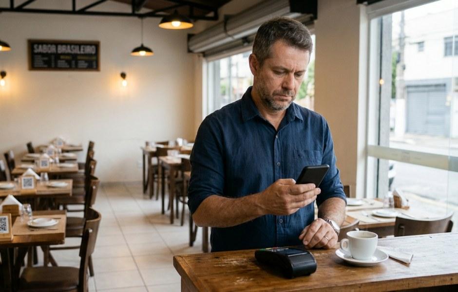 Homem de meia-idade com barba curta segura um smartphone com expressão concentrada no balcão de madeira de um restaurante. Sobre o balcão estão uma maquininha de cartão de crédito e uma xícara de café branca sob iluminação natural. Ao fundo, vê-se o salão do restaurante vazio com mesas arrumadas, luminárias quentes e um quadro decorativo na parede.
