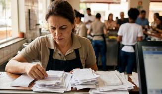 Mulher de avental e camisa polo bege analisa preocupada diversas pilhas de comendas e recibos no balcão de um restaurante ou café. Ao fundo, em um ambiente bem iluminado, funcionários e clientes movimentam o estabelecimento.
