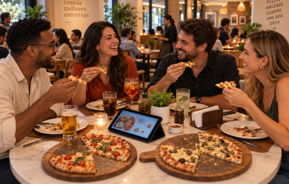 Amigos compartilham pizzas em uma pizzaria moderna enquanto consultam o cardápio digital da Goomer sistema para restaurantes.