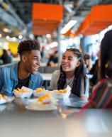 Grupo de jovens sorrindo e conversando em uma praça de alimentação colorida e movimentada enquanto comem lanches rápidos.