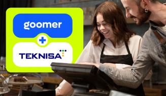 Equipe de funcionários de cafeteria atendendo clientes, promovendo o cartão Goomer em parceria com TekNisa para facilitar pagamentos e fidelizar clientes.