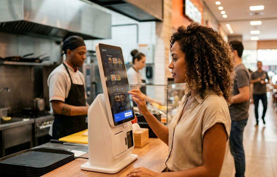 Mulher de cabelo cacheado realiza um pedido tocando na tela de um totem vertical de autoatendimento em um restaurante. Ao fundo, no balcão da cozinha aberta, um cozinheiro de avental prepara refeições.