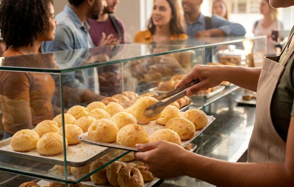 Atendente usando avental serve pães de queijo fresquinhos com uma pinça, organizando-os em uma bandeja atrás do balcão de vidro. Do outro lado da vitrine, vários clientes aguardam em fila no ambiente movimentado de uma padaria ou lanchonete.