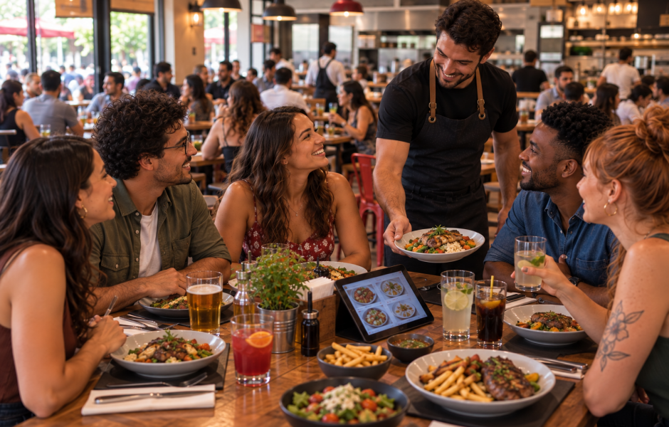 Atendente de avental serve prato para grupo de cinco pessoas sorridentes em mesa fartamente servida de restaurante movimentado. Sobre a madeira, veem-se pratos, porções, bebidas, tablet com cardápio e vasos decorativos.