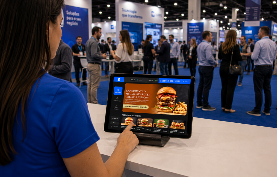 Pessoa de camisa azul interage com tablet de autoatendimento no balcão, exibindo cardápio digital de hambúrgueres. Ao fundo, pavilhão de feira corporativa traz estandes azuis e diversos visitantes em trajes esporte fino circulando pelo evento.