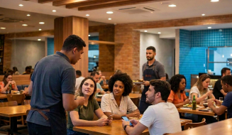 Um garçom de costas conversa com clientes sentados ao redor de uma mesa de madeira em um restaurante movimentado. As pessoas na mesa seguram smartphones e olham atentamente para o funcionário enquanto fazem o pedido. Ao fundo, o ambiente iluminado exibe outros clientes jantando e detalhes de tijolos à vista na parede.