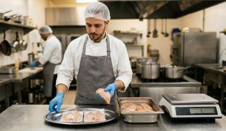 Cozinheiro em uma cozinha industrial segura um filé de frango cru usando luvas azuis, próximo a uma balança e recipientes com peças de frango embaladas.